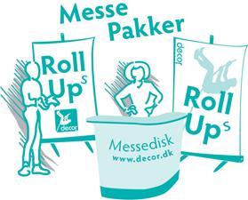 Billige Messepakker med pop-up væg, roll-up standere, messedisk og brochureholder til tilbudspris